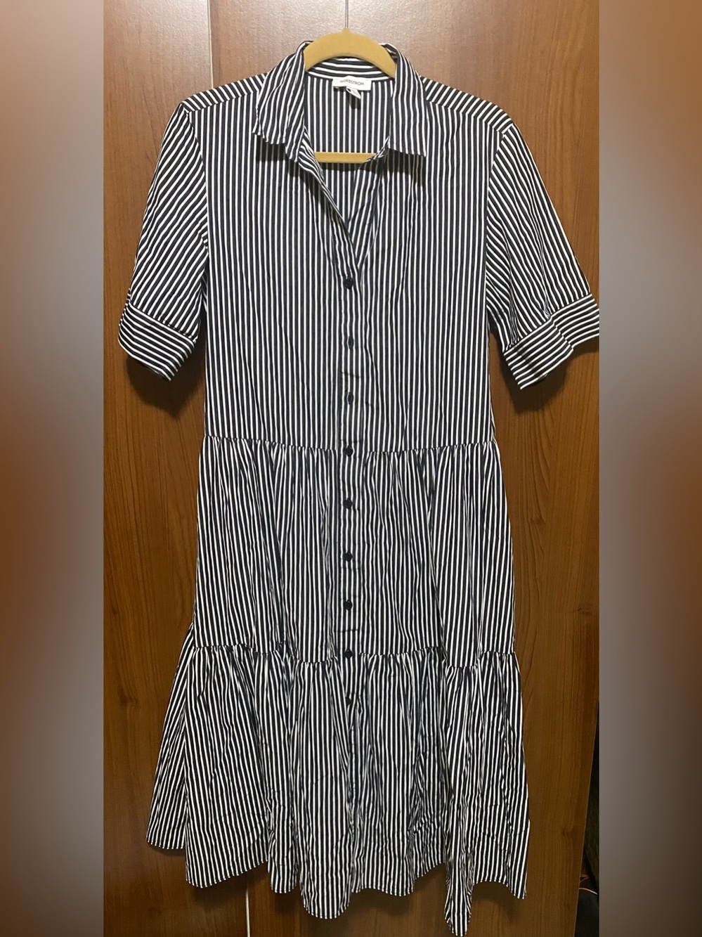 Nordstrom classic black and white cotton maxi striped relaxed shirt dress XS